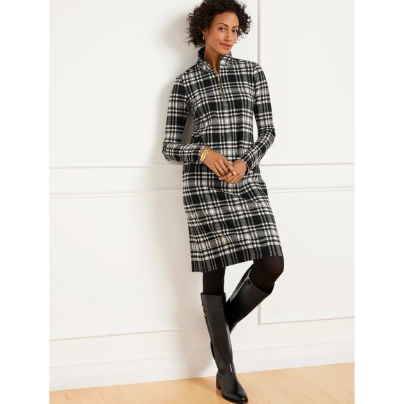 Talbot's Women's Size Large Black White Plaid Jacquard Half Zip Knit Shift Dress - Picture 1 of 6